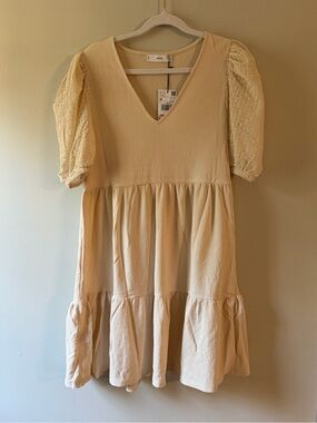 Mango- Cream V‑Neck Tiered Dress with Puff Sleeves